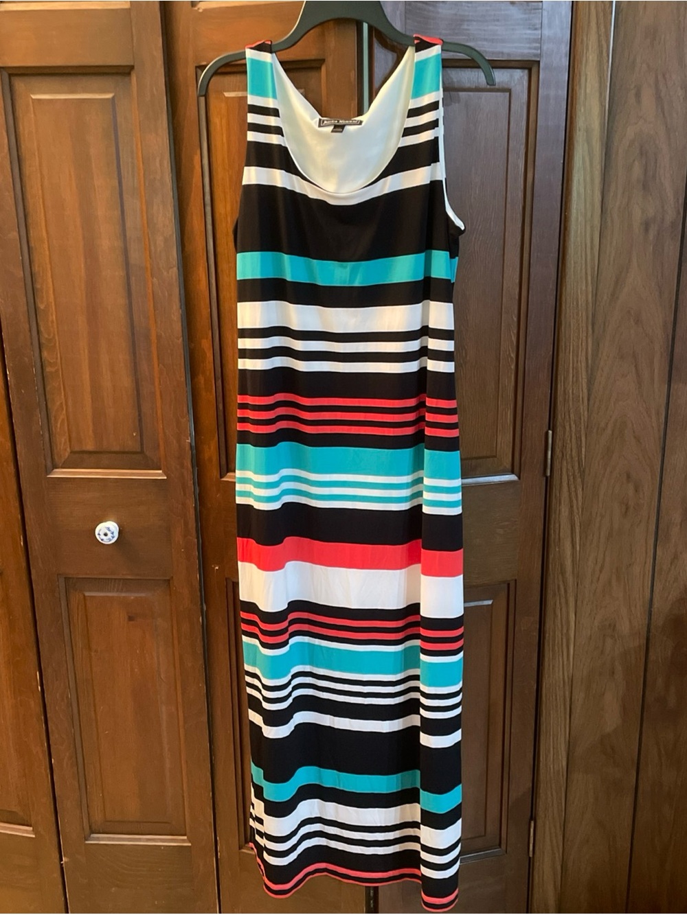 Jessica Howard Sleeveless Striped Maxi Dress in Teal, Black & Coral